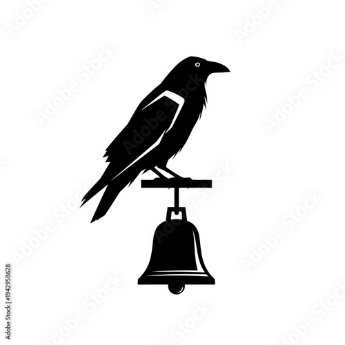 Silhouette of a raven perched on a bell, symbolizing mystery and foreboding