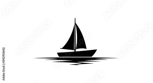 Silhouette of a sailboat on calm water with reflections, minimalist black and white design
