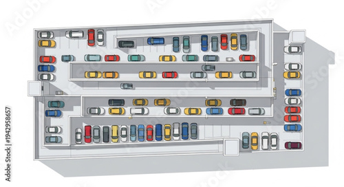 Aerial View of a Multi-Level Parking Garage Filled with Cars.