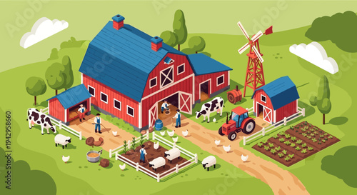 Illustration of a red farm with blue roofs and a windmill in a green landscape with people and animals.