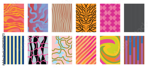 Mid Century modern abstract pattern vector set with colorful geometric stripes dots grids and organic shapes. Vibrant retro design for wallpaper, textile, wrapping paper, packaging and background.