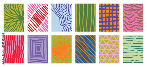 Mid Century modern abstract pattern vector set with colorful geometric stripes dots grids and organic shapes. Vibrant retro design for wallpaper, textile, wrapping paper, packaging and background.