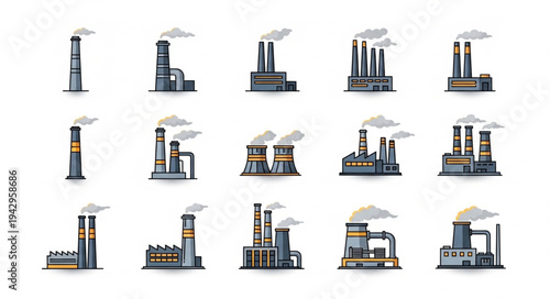 Collection of Industrial Factory Buildings with Smoke Stacks.