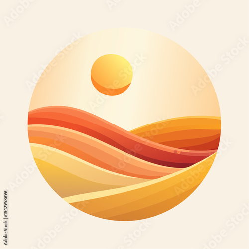Abstract sun over rolling desert dunes in a circular graphic illustration
