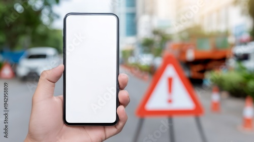 Hand of man holding smartphone with blank white screen on blurred background of road hazard sign. Communication about safety and navigation alerts. Digital device mockup for mobile app.