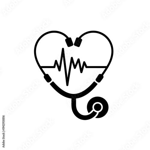 Stethoscope wrapped around heart with electrocardiogram line  medical health symbol