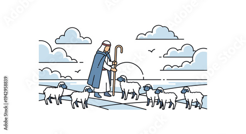 A shepherd tending to a flock of sheep in a minimalist style with clouds in the background