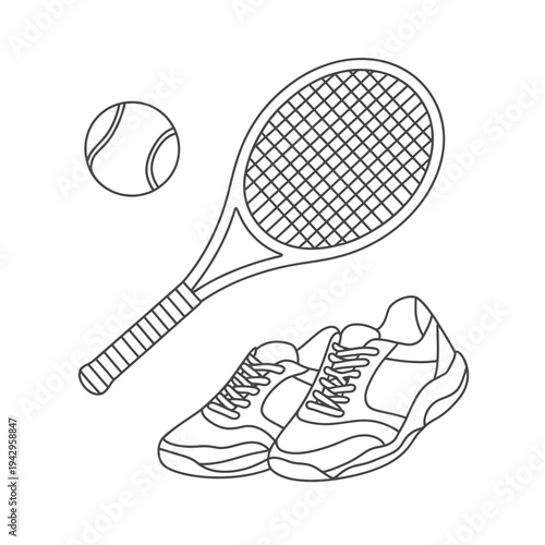 Tennis racket ball and shoes for playing tennis on court