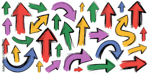 Colorful handdrawn arrows pointing in different directions on white background