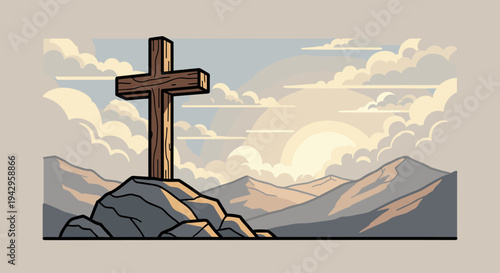 A wooden cross on rocky terrain against a scenic mountain backdrop, featuring a stylized, modern illustration style