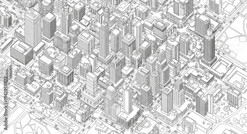 Abstract city skyline sketch with detailed buildings and streets.