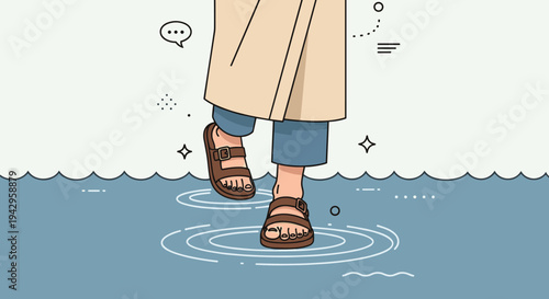 A stylish illustration of a person wearing sandals while standing in water, featuring a modern flat design