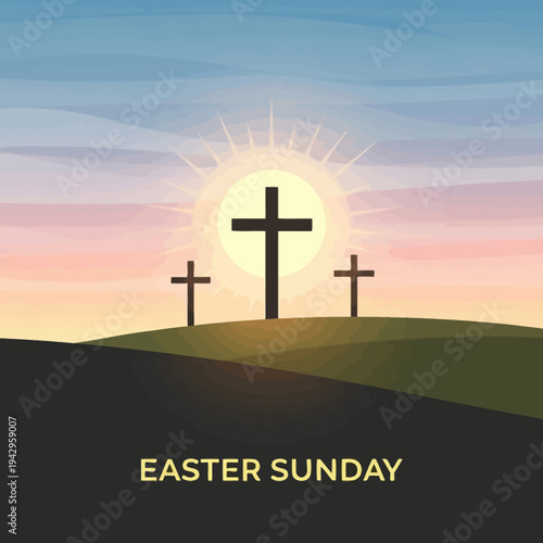 Easter Sunday Sunrise with Three Crosses on Hilltop