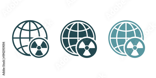 Radioactive symbols on globe icons for nuclear energy and environmental concepts