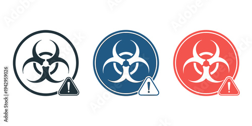 Biohazard warning signs in black blue and red colors are shown here