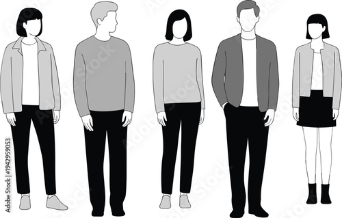 Minimalist illustration of five diverse individuals in casual clothing, standing side by side, showcasing modern lifestyle, fashion variety, diversity, and stylish monochromati