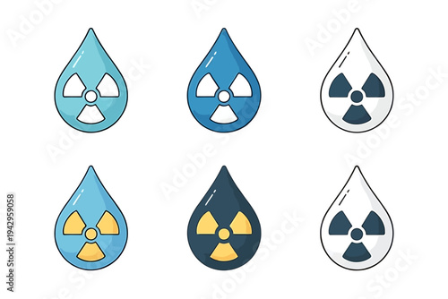 Radioactive water drop icons in different colors and styles are shown