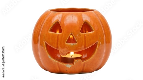 Wallpaper Mural Ceramic pumpkin tea light holder with lit candle on white background Torontodigital.ca