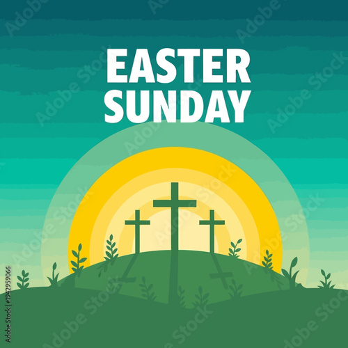 Easter Sunday Sunrise with Three Crosses on Hilltop