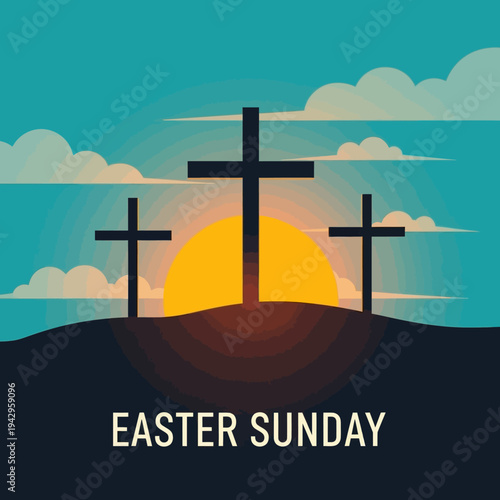 Easter Sunday Sunrise with Three Crosses on Hilltop