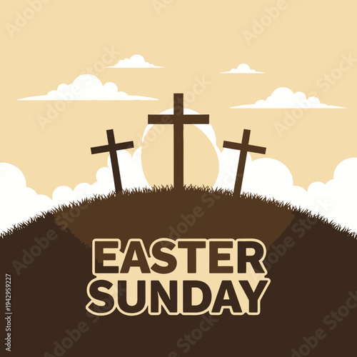 Easter Sunday Three Crosses on Hill with Sun and Clouds, Religious Christian Holiday