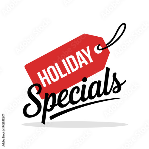 Red holiday specials tag with white text and black string on white background
