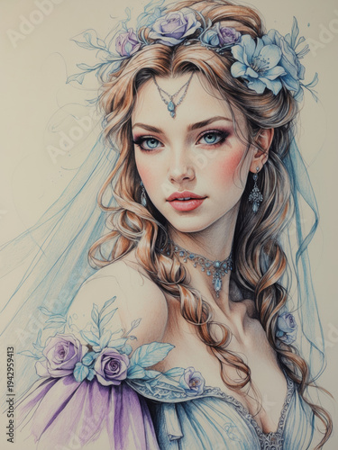 Ethereal young woman with flowing hair features delicate pink roses and a golden circular halo. Artistic pencil sketch with soft watercolor tones depicts a mystical fantasy female portrait.