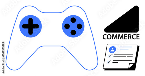Gaming controller, commerce tag, and checklist document with a user profile. Ideal for gaming industry, online platforms, e-commerce, digital trends, user experience, business development simple