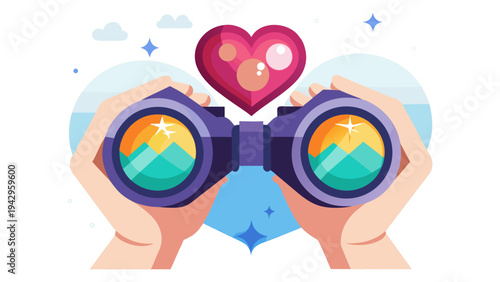 Flat vector illustration of hands holding binoculars with heart