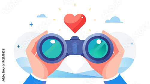Hands Holding Binoculars Searching for Love Vector Illustration