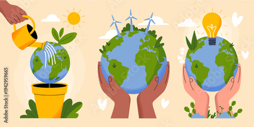 Hands holding earth globe with green plants and light bulb for eco friendly concept