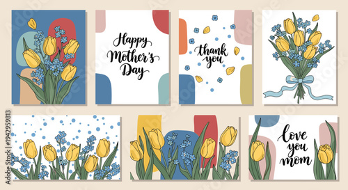 A vibrant collection of Mother's Day greeting cards featuring floral designs and heartfelt messages in a modern style