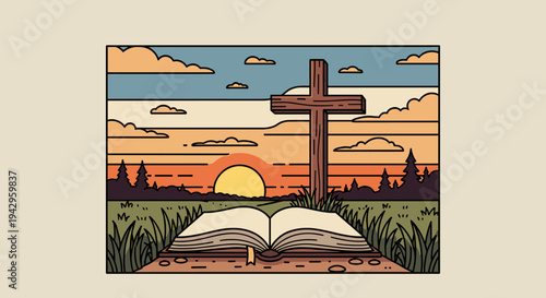 A serene landscape featuring an open book and a cross at sunset, illustrated in a modern, flat style