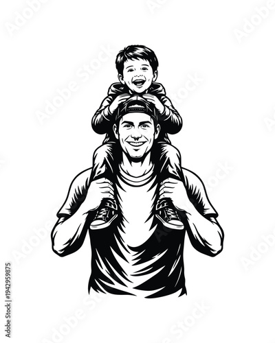 Father Carrying Son on Shoulders Illustration, Happy Dad and Child Vector