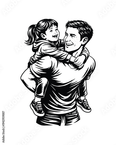 Father Giving Piggyback Ride to Daughter, Happy Family Vector Illustration