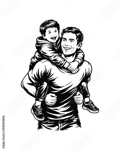 Father and Son Piggyback Illustration, Happy Family Vector Art