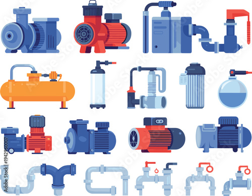 Industrial pump, electric motors, air compressor tank, filtration unit, valves and pipeline fittings collection flat vector engineering equipment set