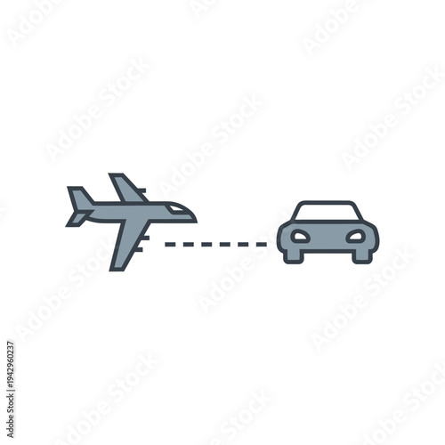 Airplane connected to car by dashed line for travel concept