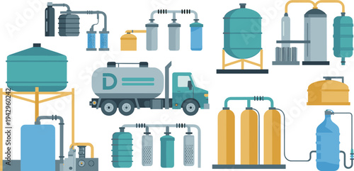 Industrial Water Storage and Filtration Equipment Illustration Featuring Tanker Truck Storage Tanks Purification Systems and Utility Infrastructure Technology