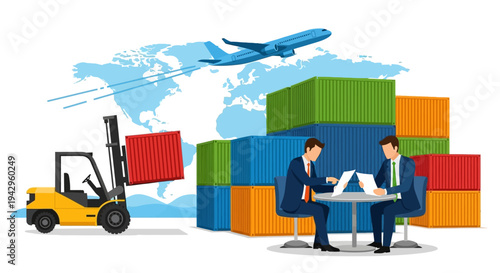 Illustration of two businessmen working at a desk with a forklift and colorful shipping containers in the background.
