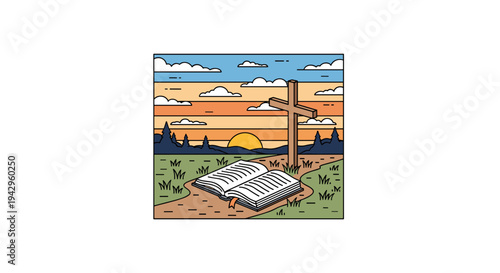 An open book with a cross against a serene sunset backdrop, featuring a modern illustrative style