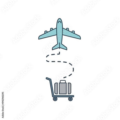 Airplane with luggage cart and dashed travel path