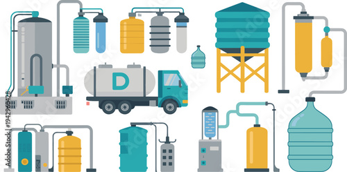 Industrial Water Storage and Filtration System Illustration Featuring Tanker Truck Tanks Purification Equipment and Utility Infrastructure Technology Collection