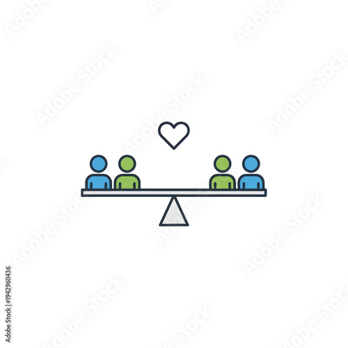 Balanced people on seesaw with heart showing love and equality