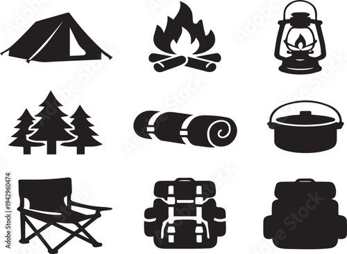 Camping icons set including tent, Campfire, Lantern, Trees, Sleeping bag, Pot, Chair, Backpack, And cooler on white background