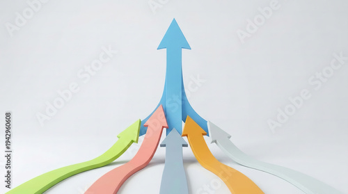 Arrows coming from different directions, converging at a single point and rising upward; teamwork, synergy, shared goals, and the concept of combined strength.