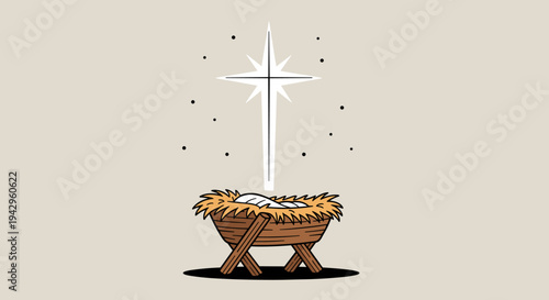 A minimalist illustration of a nativity scene featuring a wooden manger and a shining star, perfect for holiday themes