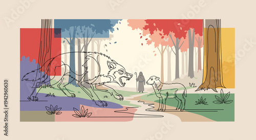A whimsical illustration featuring a wolf and a fawn in a colorful forest scene, outlined in a minimalist style