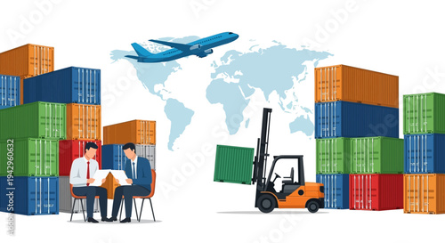 Illustration of business people discussing logistics with a forklift and shipping containers in a warehouse with a world map background.