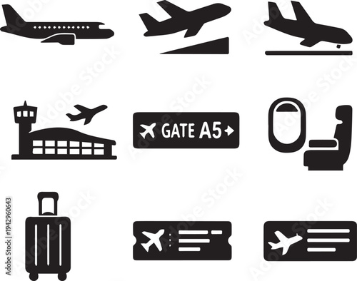 Airport travel icons set including airplanes, Gate sign, Luggage, And tickets
